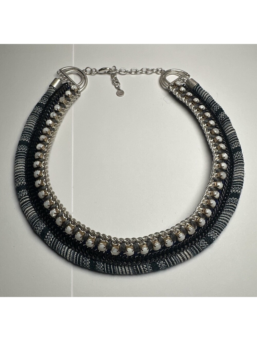 Stella & Dot Boho Woven Fabric & Chain Statement Collar Necklace Black Blue